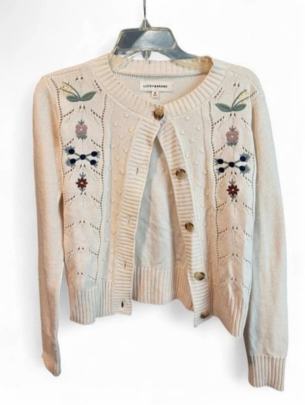 Lucky Brand Floral Embroidered Cottagecore Cardigan-Cream- Size XS